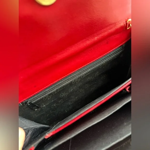 ✨Vintage Designer Oleg Cassini ✨ Vintage Red Soft Leather Clutch Crossbody Gold - Picture 7 of 16